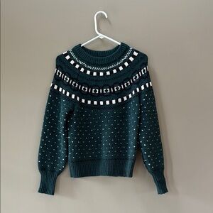Ann Taylor Blue-Green and White Crew Neck Fair Isle Sweater